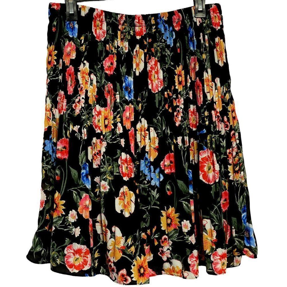 Spence Accordion Pleat Floral Pull-On Skirt Fully Lined Elastic Waist Sz L NEW